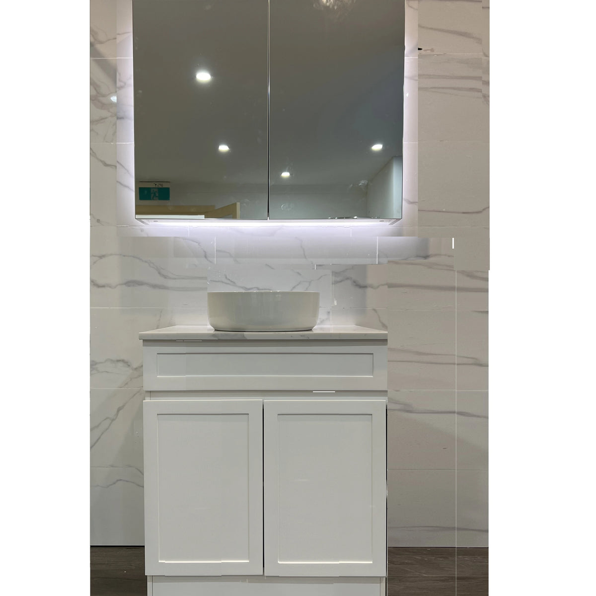 Hampton Shaker 750mm Matte White PVC Waterproof Vanity Carrara Marble