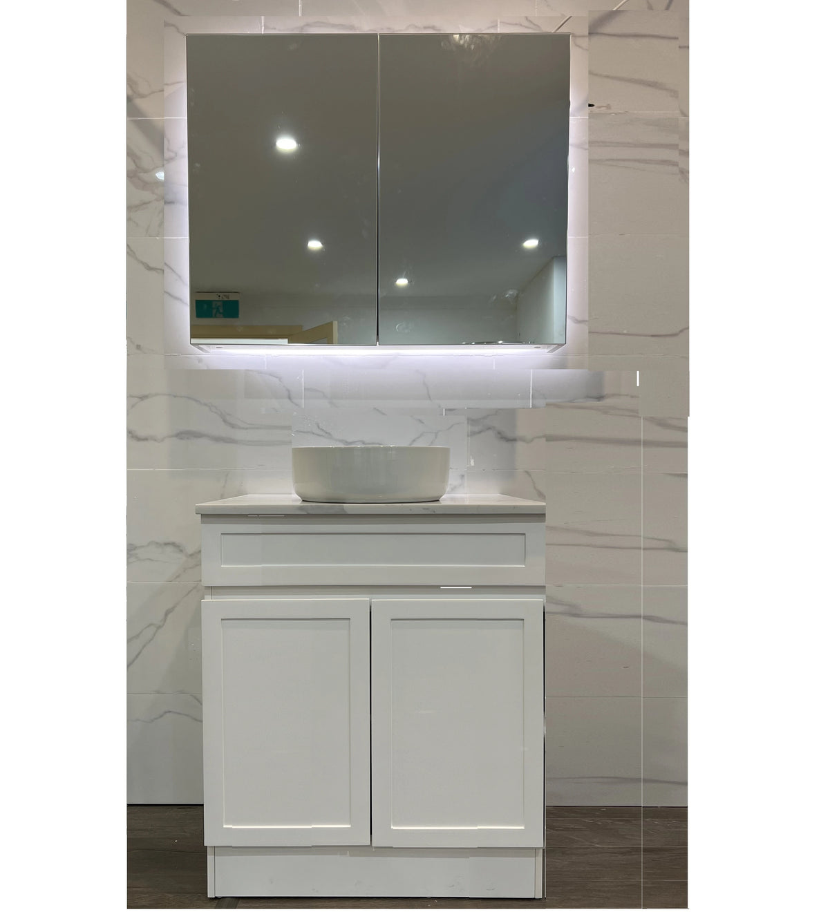 Hampton Shaker 750mm Matte White PVC Waterproof Freestanding Vanity Carrara Marble Stone