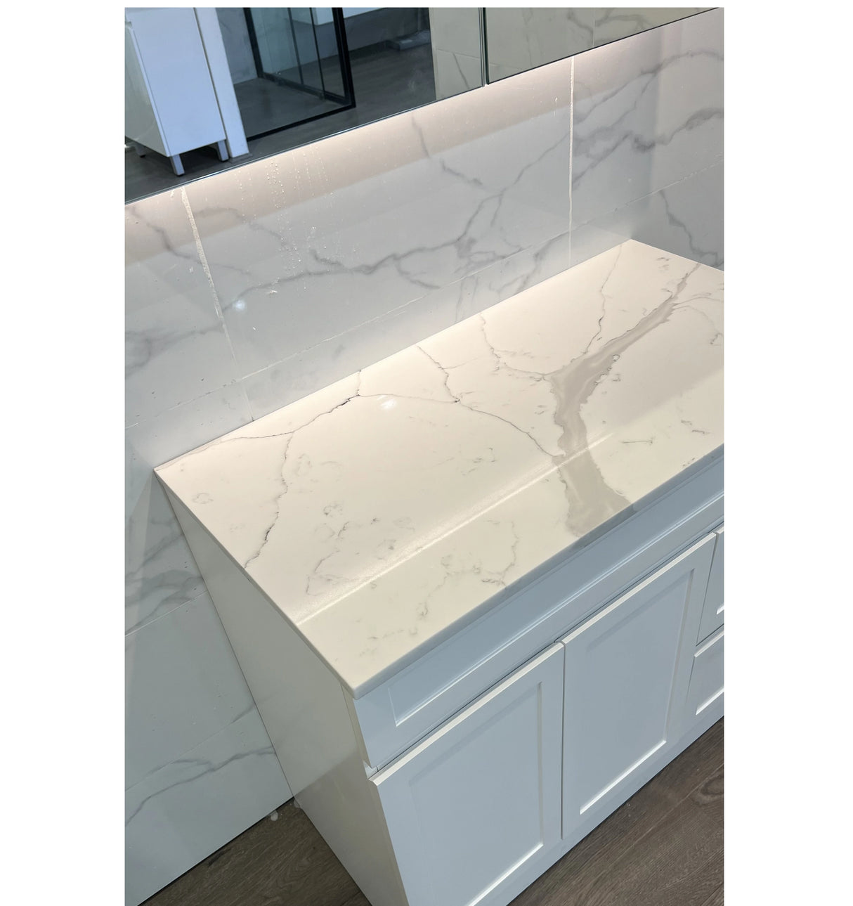 Hampton Shaker 750mm Matte White PVC Waterproof Freestanding Vanity Carrara Marble Stone