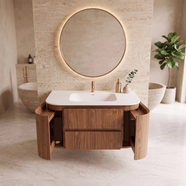 Curved Timber Wall Hung Vanity Ravello 900mm Walnut Mocha Oak - Plywood Cabinet, Stone Top Optional