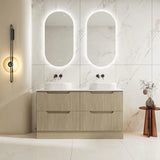 Rhea 1500mm double bowl vanity in timber fluted natural oak with dual oval LED mirrors and matte black tapware