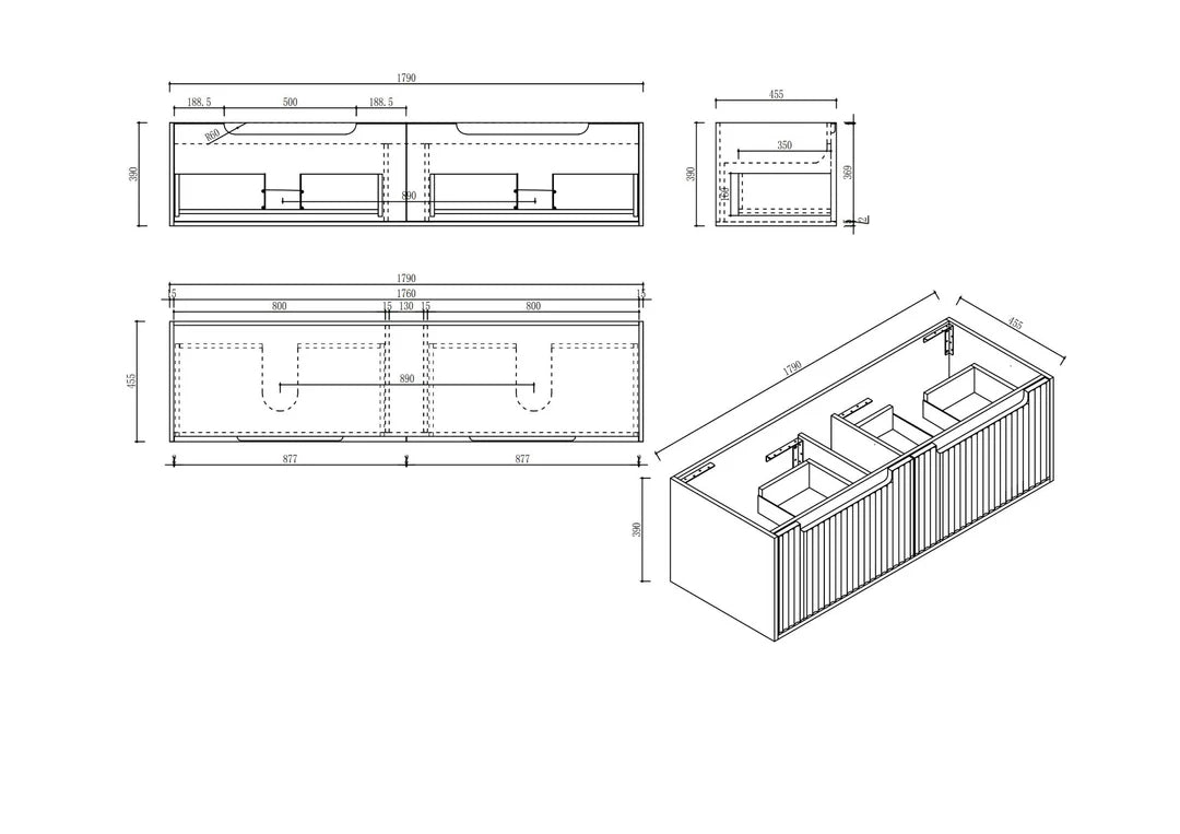 Timber Fluted Natural Oak Rhea Wall Hung Vanity 1800mm Double Bowl