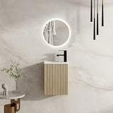Modern bathroom setup with a wall-mounted vanity and round mirror.