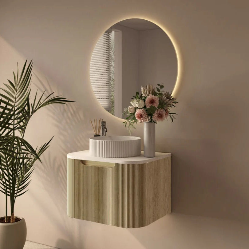 Rome Timeber Look Fluted Curved All Drawer Wall Hung Vanity 600mm Bur Oak