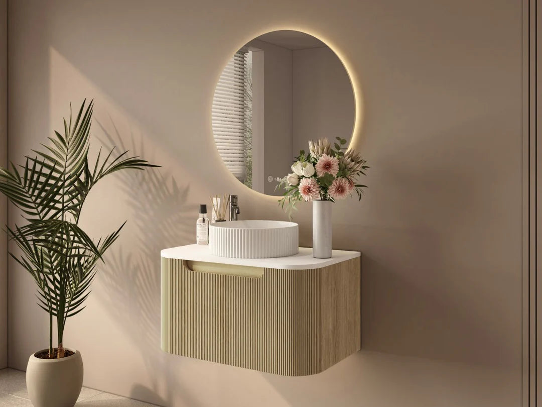 Rome Timeber Look Fluted Curved All Drawer Wall Hung Vanity 750mm Bur Oak