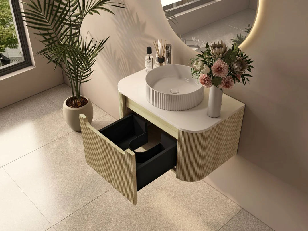 Rome Timeber Look Fluted Curved All Drawer Wall Hung Vanity 750mm Bur Oak