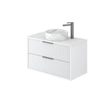 Rome Fluted Curved 900mm Waterproof Wall Hung Matte White Vanity Carrara Stone top Brushed Gold Handles