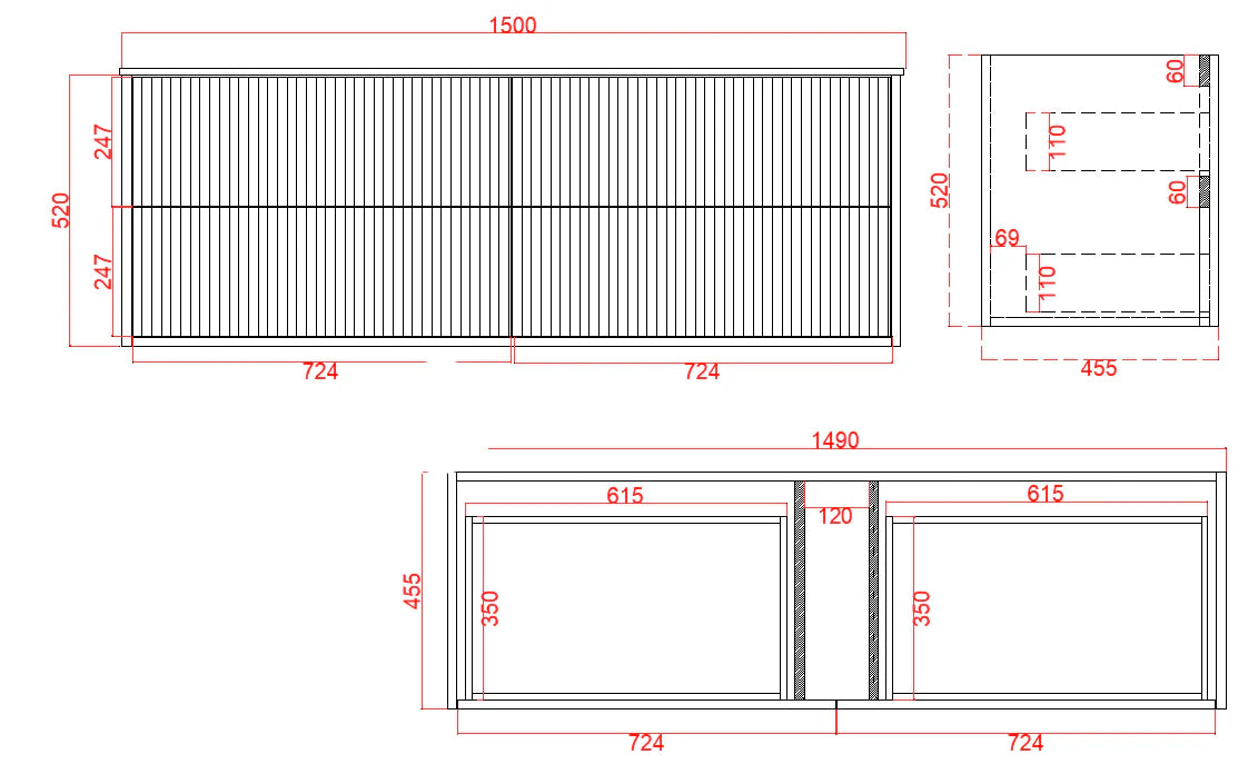 Fluted Wall Hung Rome Curve 1500mm Single Bowl Waterproof Vanity Carrara Sintered Stone top