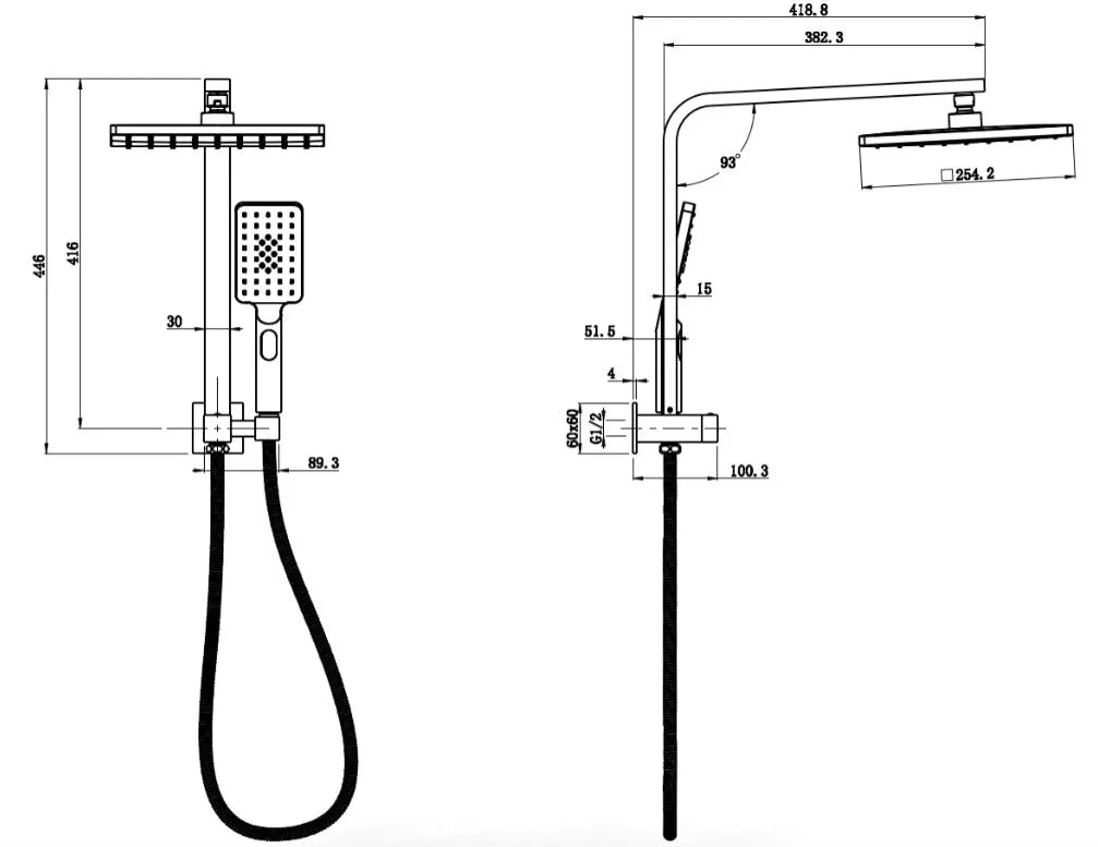 Sando Square Chrome/Black Half Rail Multi-Function 2 in 1 Shower Set