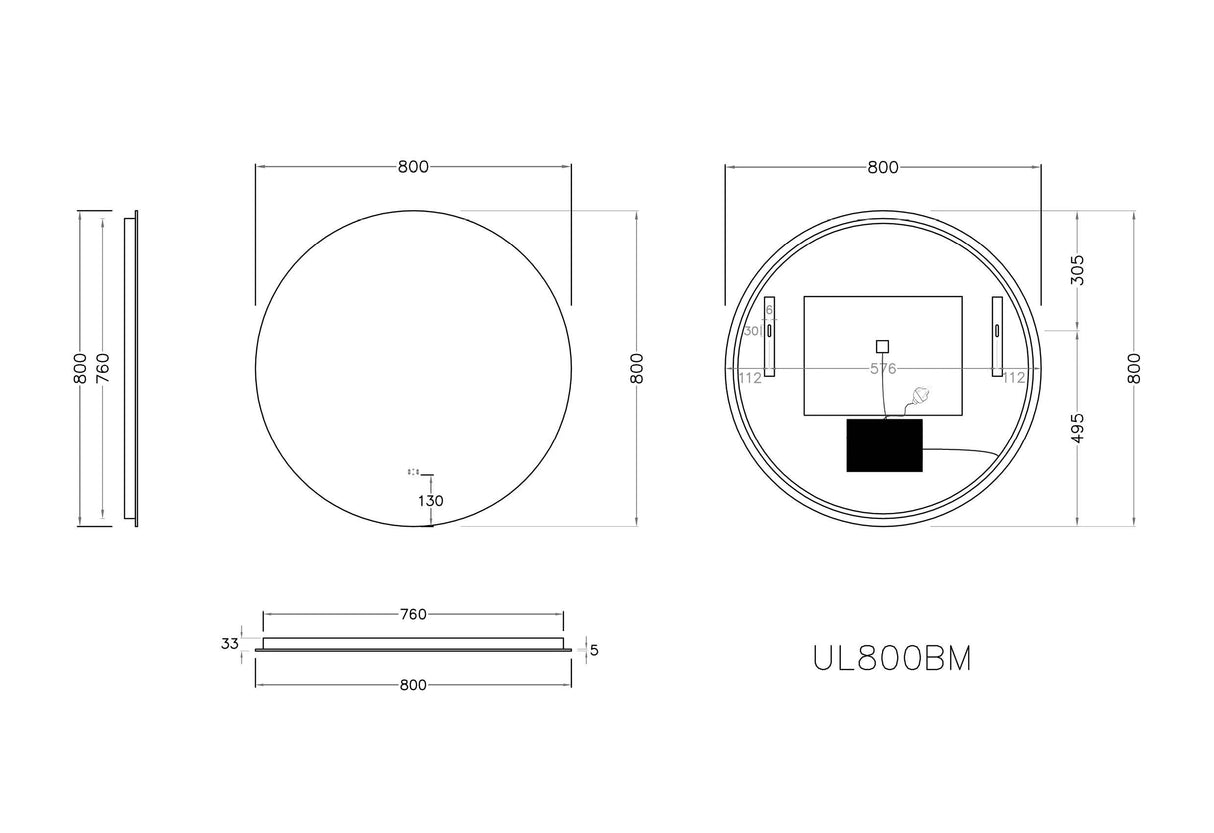 Luna Round Frameless Anti-Fog Backlit Bathroom LED Mirror 800x800mm