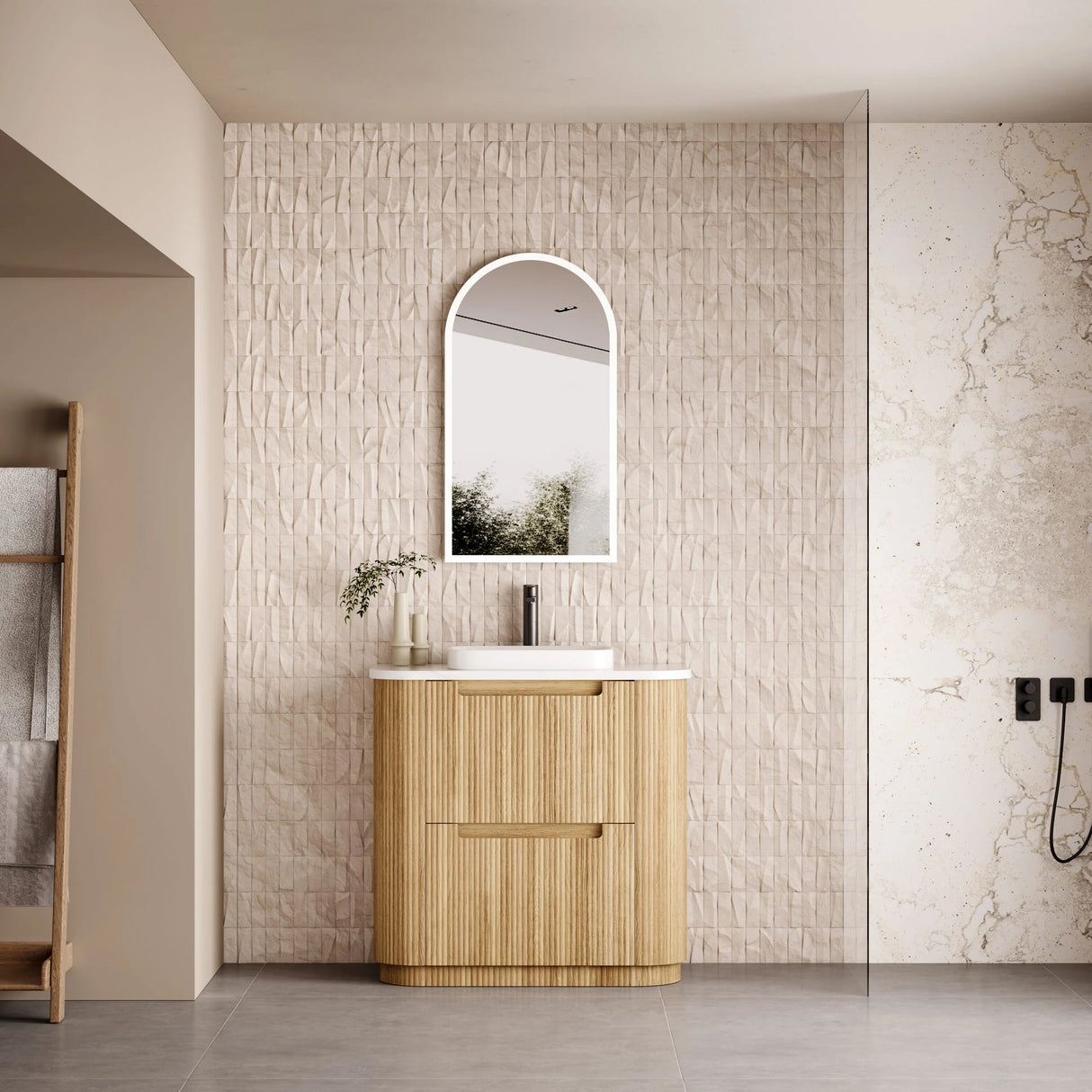 Aulic Varcelli Timber Harvest Oak 750/900mm Fluted Curved Freestanding Vanity Palis(Carrara) Stone top