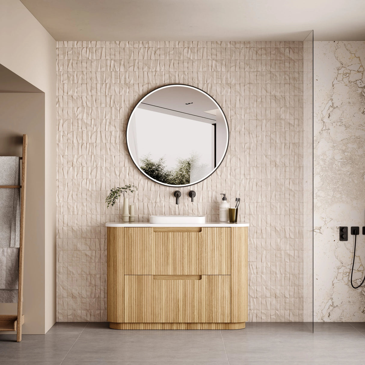 Aulic Varcelli Timber Harvest Oak 750/900mm Fluted Curved Freestanding Vanity Palis(Carrara) Stone top
