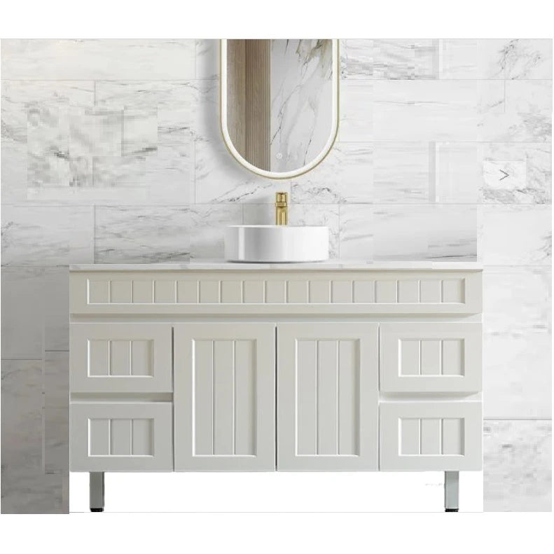 Acacia Hampton Shaker 1200mm Matte White PVC Waterproof Vanity Carrara Stone Top - RJ Bathroom