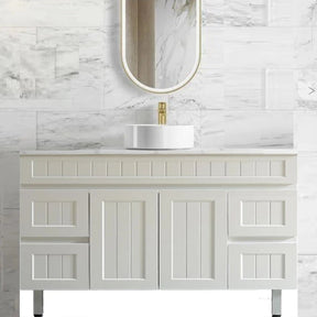 Acacia Hampton Shaker 1200mm Matte White PVC Waterproof Vanity Carrara Stone Top - RJ Bathroom