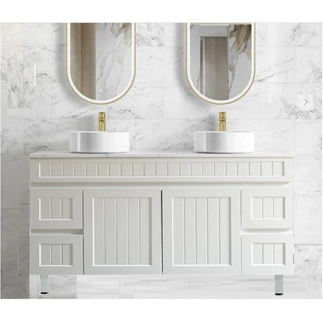 Acacia Hampton Shaker 1500mm Double Matte White PVC Waterproof Vanity Carrara Stone Top - RJ Bathroom