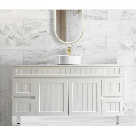 Acacia Hampton Shaker 1500mm Matte White PVC Waterproof Vanity Carrara Stone Top - RJ Bathroom