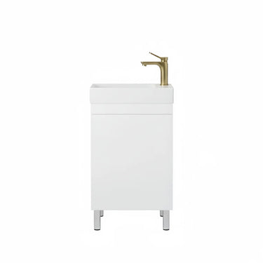Alpha gloss white 450mm slimline freestanding vanity on legs with matte white solid surface top and brass tap