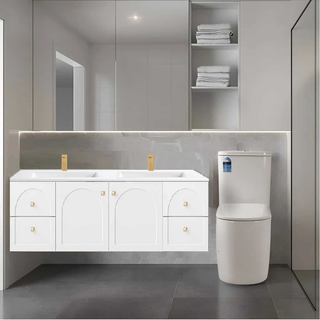 Chester Archie Hampton 1500mm Double Bowl Matte White PVC Waterproof Wall Hung Vanity Brushed Gold Handles
