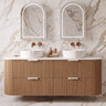 Artis 1800mm Prime Oak fluted curved wall hung double bowl vanity with four soft-close drawers and twin above-counter basins - RJ Bathroom