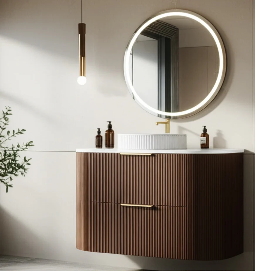 Timber Walnut Artis 900mm Fluted Curved Waterproof Wall Hung Vanity Calacatta Azuro Stone top