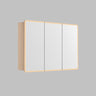 Avola 1200mm LED shaving cabinet in light Sandy Oak timber-look with 3 mirrored doors, angled view on a grey background