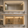 Avola 1500mm Sandy Oak LED shaving cabinet installed above a bathroom vanity, shown closed with the LED on and opened to reveal the glass shelves