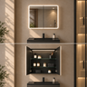 Avola 600mm matte black LED shaving cabinet installed above a bathroom vanity, shown closed with the LED on and opened to reveal the glass shelves