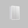 Avola 600mm LED shaving cabinet in matte white with two mirrored doors, angled view on a grey background