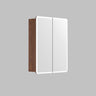 Avola 600mm LED shaving cabinet in walnut-toned Mocha Oak timber-look with 2 mirrored doors, angled view on a grey background