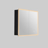 Avola 900mm LED shaving cabinet in matte black with 2 mirrored doors, angled view on a grey background