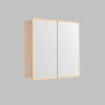 Avola 900mm LED shaving cabinet in light Sandy Oak timber-look with 2 mirrored doors, angled view on a grey background