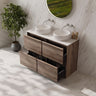 Bella Timber Look Notaio Walnut 1200mm Four Drawer Freestanding Double Bowl Vanity with Blank White stone top and two above counter basins - RJ Bathroom
