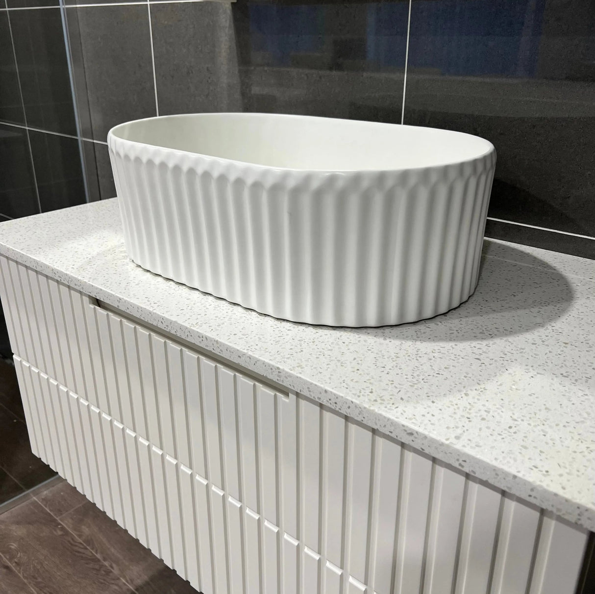 Bondi Wave Groove Fluted Oval Matte White Above Counter Basin - RJ Bathroom