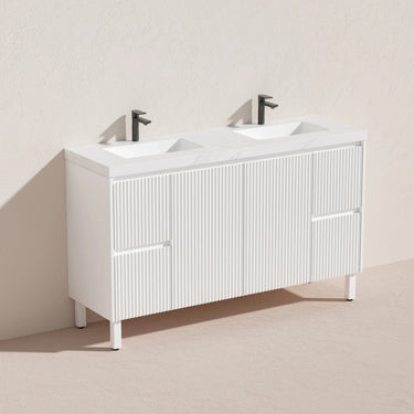 Brighton Fluted 1500mm Freestanding Double Bowl Vanity - Diamond Sintered Carrara Stone Top - RJ Bathroom