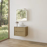 Brooklyn 750mm Red Oak Timber Wall Hung Vanity installed in a modern bathroom with LED mirror and stone top - RJ Bathroom