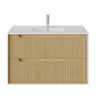 Brooklyn 900mm Fluted Red Oak Timber Wall Hung Vanity front view with 2 soft-close drawers - RJ Bathroom