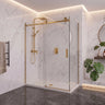 Brushed brass (dark gold) frameless corner sliding shower screen with 10mm glass sliding door and return panel in a marble bathroom