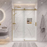 Brushed brass (dark gold) frameless wall to wall sliding shower screen with 10mm clear glass sliding door in a white marble bathroom