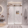 Brushed bronze (copper) frameless wall to wall sliding shower screen with 10mm clear glass sliding door in a white marble bathroom