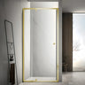Brushed Gold semi frameless wall to wall shower screen with 6mm clear glass pivot door between two tiled walls