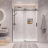 Brushed gun metal frameless wall to wall sliding shower screen with 10mm clear glass sliding door in a white marble bathroom