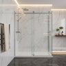 Brushed nickel frameless corner sliding shower screen with 10mm glass sliding door and return panel in a marble bathroom