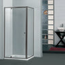 Brushed Nickel semi frameless corner shower screen with 6mm glass pivot door and fixed return panel on a shower base
