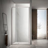 Brushed Nickel semi frameless wall to wall shower screen with 6mm clear glass pivot door between two tiled walls