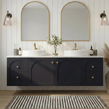 Chester 1500mm Matte Black Hampton wall hung vanity with arched doors, styled bathroom