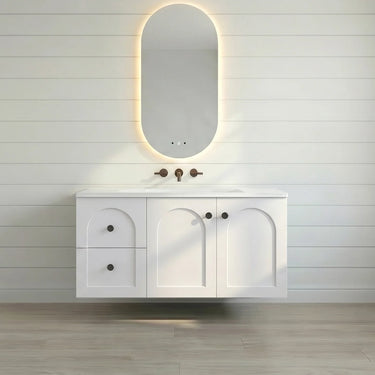 Chester 900mm Matte White Hampton wall hung vanity with arched doors, left-hand drawers, styled bathroom