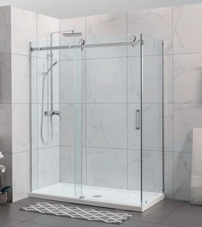 Covey Frameless Brushed Nickel Corner Sliding Door Shower Screen - RJ Bathroom