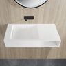 Crete 1000mm solid surface stone wall hung basin with open shelf in matte white on a timber wall