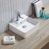 Crete 385mm square gloss white wall hung basin with tap hole on a timber bench