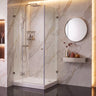 Brushed nickel frameless corner shower screen with 10mm toughened glass pivot door and return panel